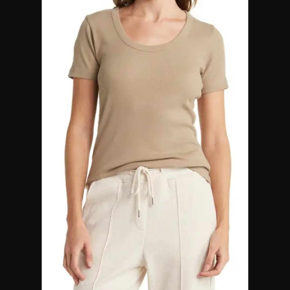 James Perse British Khaki U-Neck Short Sleeve Tee Shirt